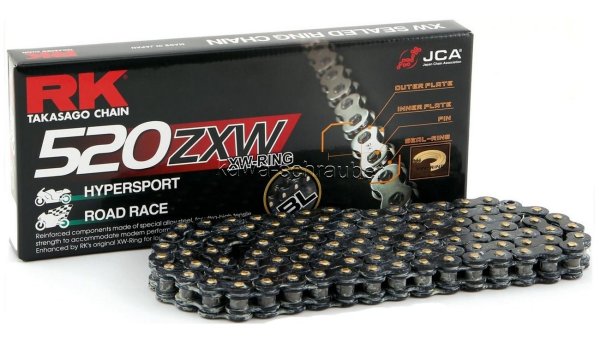 RK racing chain Antriebskette Kette 520ZXW 520 ZXW Black scale Profi-Motorradkette rennsporttauglich, Farbe schwarz mit goldenen Rollen