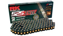 RK racing chain Antriebskette Kette 525ZXW Black scale XW-Ring Profi-Motorradkette rennsporttauglich Farbe schwarz mit goldenen Rollen