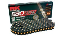 RK racing chain Antriebskette Kette 530ZXW black scale XW-Ring Profi-Motorradkette rennsporttauglich, Farbe schwarz mit goldenen Rollen